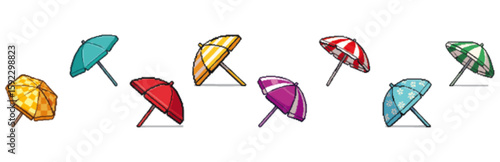 Colorful assortment of umbrella beach in various patterns and colors.