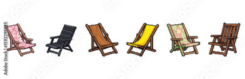 Six different colorful wooden deck chairs displayed against a white background.
