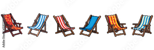 Six colorful striped beach chairs are lined up against a white background.