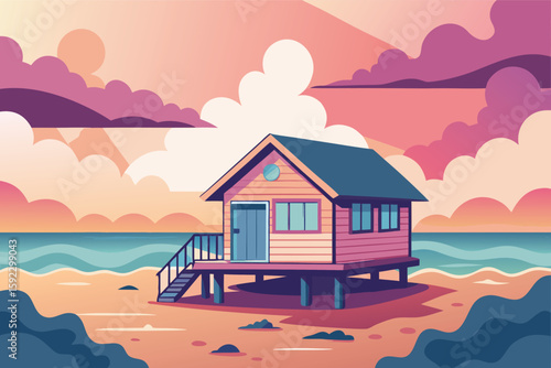 Vibrant beach hut at sunset with stylized clouds