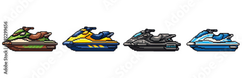 Four colorful personal watercraft designs displayed in a row.