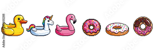Cute pixel art of inflatable pool toys and donuts.