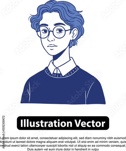 Illustration of a young person with glasses, short curly hair, and a collared shirt.