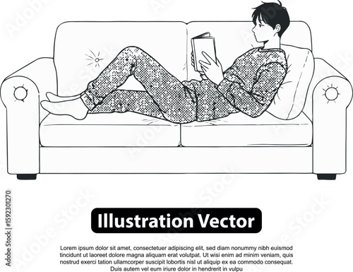 Illustration of a young man reading a book while lounging on a sofa.