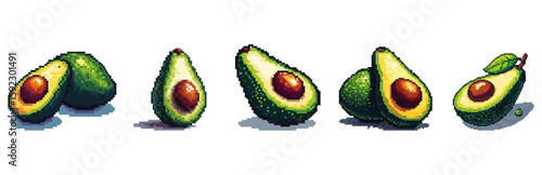 Five sliced avocados displayed against a white background.