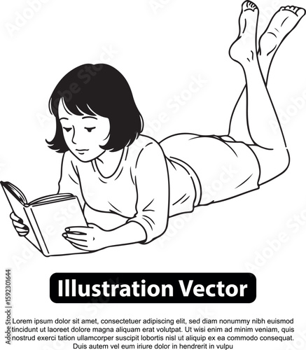 A black and white illustration of a woman lying down and reading a book.