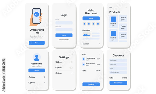 Minimalist mobile app interface design with onboarding, login, product, and checkout screens