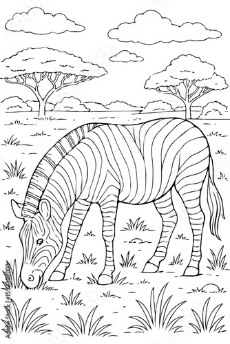 Grazing Zebra in African Savanna - Wildlife Coloring Page