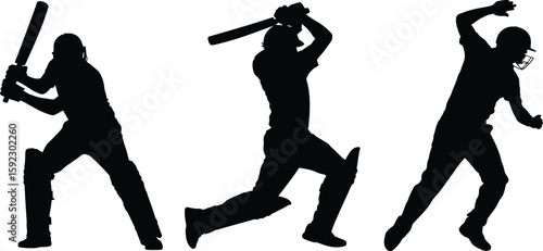 Cricket batsman silhouette vector illustration for sports design and team logo template isolated on white, editable vector.