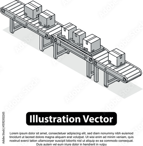 Isometric illustration of a conveyor belt system carrying cardboard boxes.