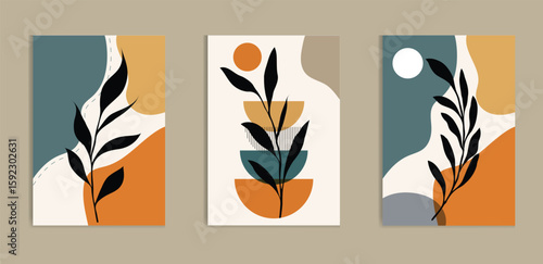 Abstract Geometric Leaf botanical boho wall art set