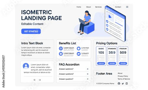 Isometric website design with editable content and interactive features