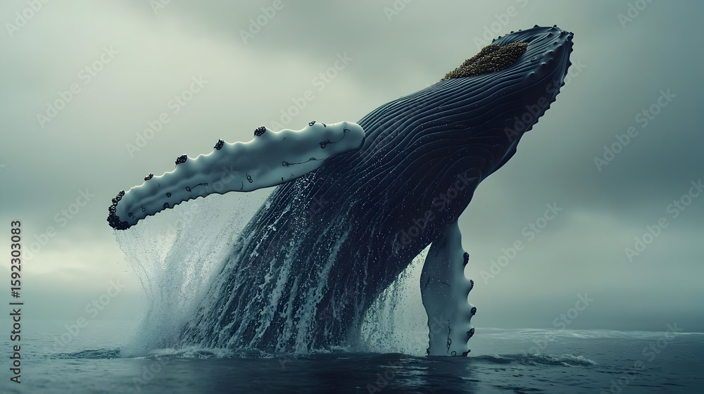 Fototapeta premium Majestic humpback whale breaches, showcasing powerful form against a muted, overcast sky. Water sprays upward, capturing the whale's energy