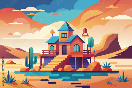 Vibrant desert oasis house with cactus and sunset sky