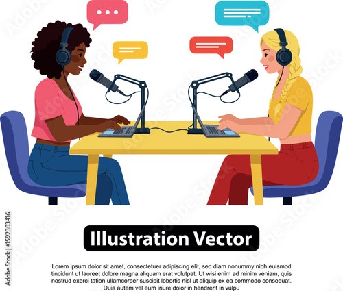 Two women co-host a podcast, engaging in lively conversation using microphones and laptops.