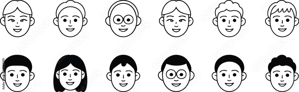 Vector faces avatars portraits character design illustration people head profile facial expression set, editable vector. Vector faces avatars portraits character design illustration people head profile facial expression set, editable vector.