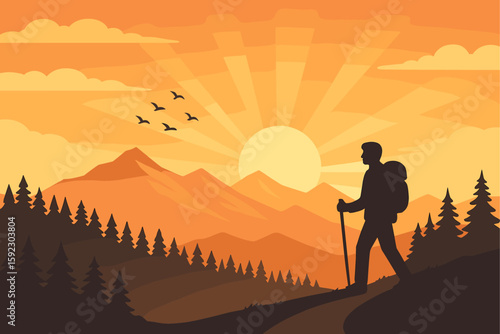 Silhouette of hiker at sunrise with mountain backdrop and birds in orange sky