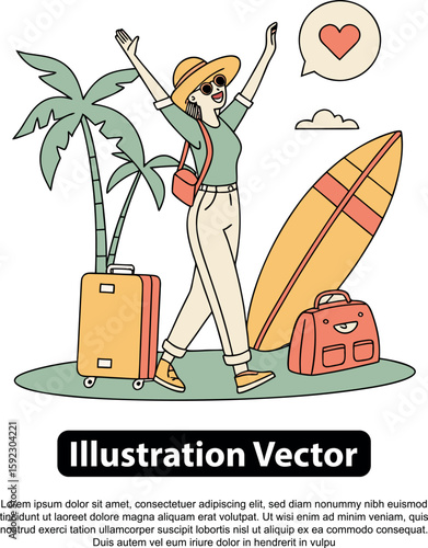 Joyful traveler celebrates arrival at tropical beach, surfboard and luggage nearby.