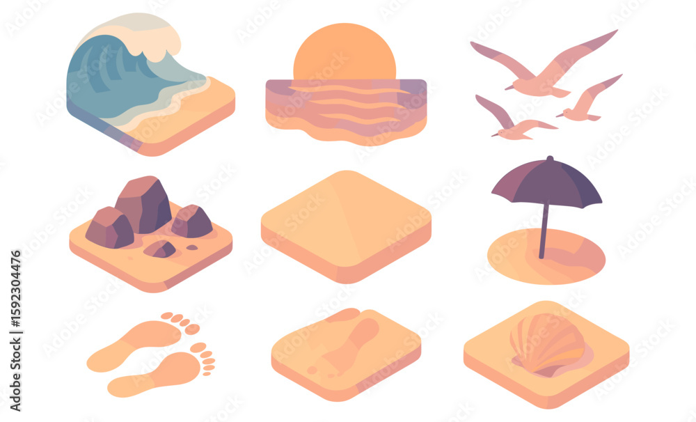 Minimalist beach elements: waves, sun, seagulls, rocks, footprints, umbrella, shells Minimalist beach elements: waves, sun, seagulls, rocks, footprints, umbrella, shells