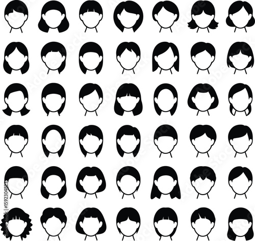 Haircut styles vector illustration collection of various hairstyles for women and girls black and white icons, editable vector.