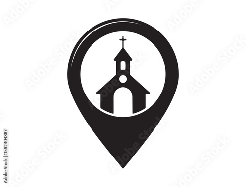 Church icon as part of a location pin or map marker, vector black silhouette on white