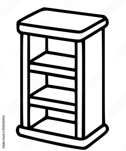 A simple line drawing of a small, open-backed cabinet or shelving unit with three shelves.