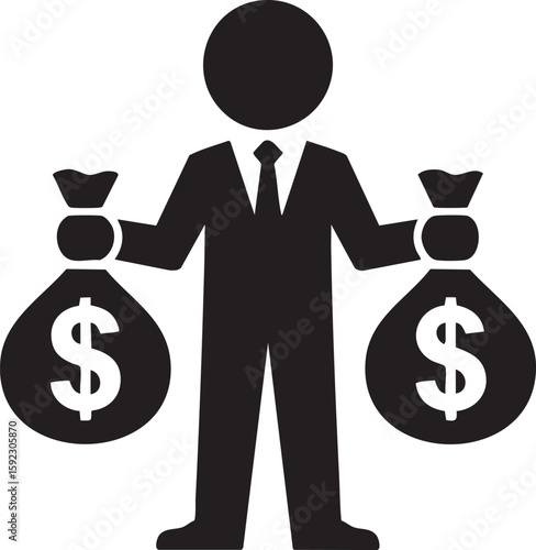 Businessman Holding Money Bags Silhouette Icon Of Finance Wealth Investment Success Illustration For Corporate Business Profit And Economy

