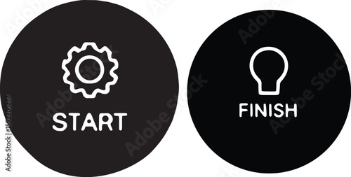 Start and finish buttons with gear and bulb icons in circle shapes representing workflow stages project beginning and ending system operations and concepts