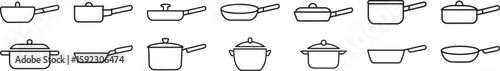 Stock vector illustration of kitchenware cookware pots and pans for cooking and food preparation icons set, editable vector.