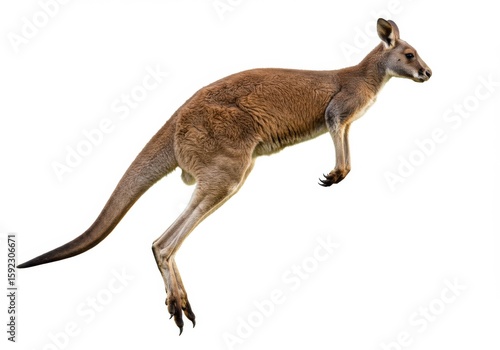 A kangaroo is jumping in the air, isolated on white background