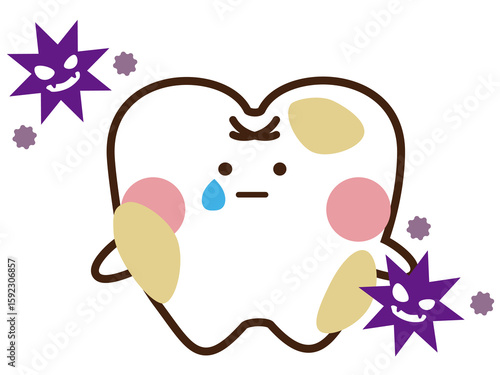 プラークに汚染されているかわいい歯のマスコットキャラクター