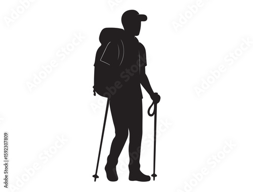 Flat black vector silhouette of a hiker walking with trekking pole on white background