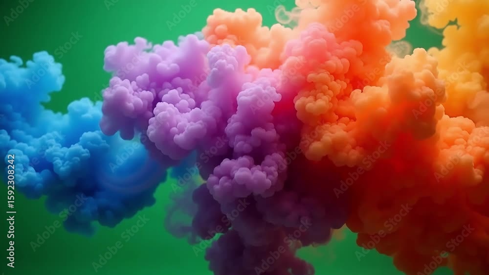 Mesmerizing colorful smoke streams gracefully against a vibrant green background, showcasing soft and dynamic abstract patterns.