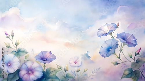 Fototapeta Naklejka Na Ścianę i Meble -  Light blue morning glory flowers gracefully bloom against an ethereal pastel sky background