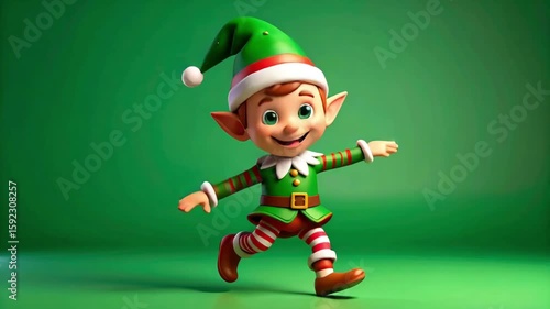 Cute Cartoon Christmas Elf Dancing on a Green Background. Seamless Loop
