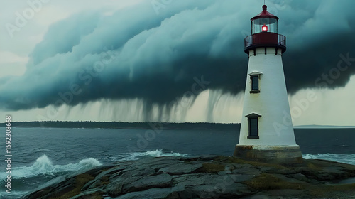 Dramatic seascape with a lighthouse amidst a severe storm.  Dark, heavy clouds loom over a rocky shoreline, with torrential rain and dramatic waves.  