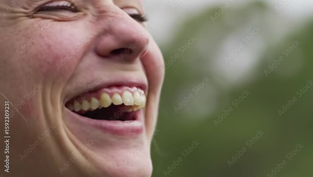 Close-Up of a Woman's Face Bursting into Laughter Showing Teeth and Pure Joy Close-Up of a Woman's Face Bursting into Laughter Showing Teeth and Pure Joy