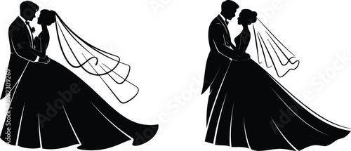 Wedding silhouette vector couple bride groom marriage ceremony love romance celebration anniversary invitation, editable vector.