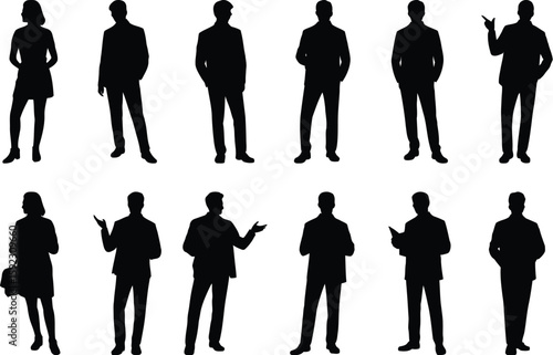 Silhouette people vector set business men women standing poses crowd group illustration drawing design, editable vector.