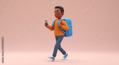 3d cartoon illustration, young man walking with bag and cell phone. ,isolated on bright background, no text
