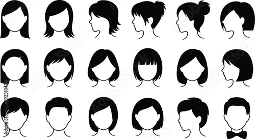 Haircut styles guide for women and men black and white vector illustration with different hairstyles char, editable vector.
