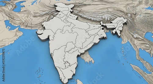 View of the map of India showing geographical and political territories and boundaries on a serene blue water backdrop.