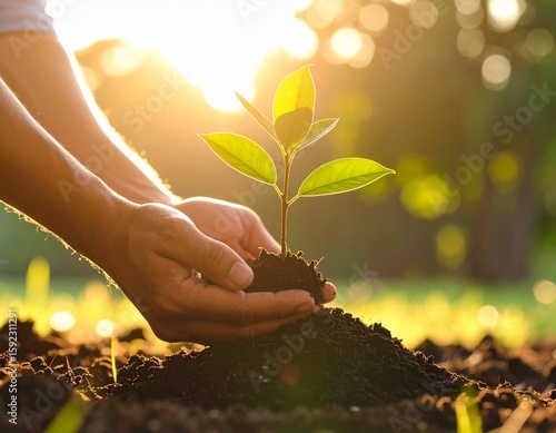 Young Person Planting Tree Outdoors, Eco-Friendly Concept with Sunshine and Community