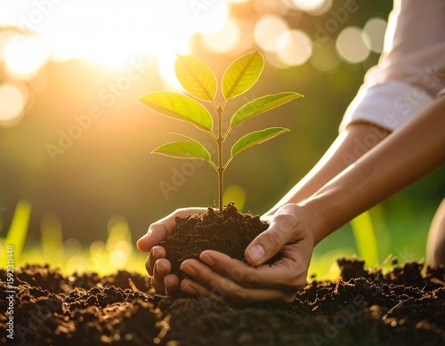 Young Person Planting Tree Outdoors, Eco-Friendly Concept with Sunshine and Community