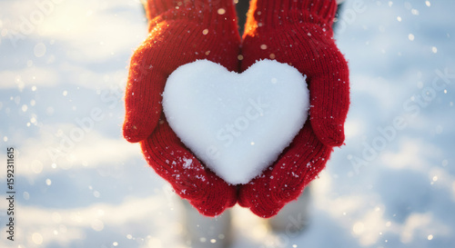 Winter Love: Hands in Red Mittens Holding a Perfect Snow Heart Amidst Falling Snowflakes and Golden Light, Symbolizing Warmth and Care in a Cold Season