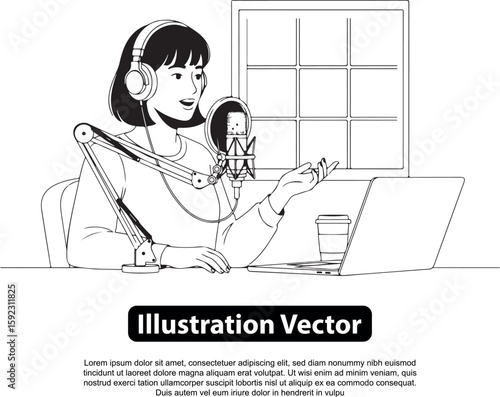 A young woman sits at a desk, wearing headphones and speaking into a microphone, likely a podcast or radio host in a home studio.