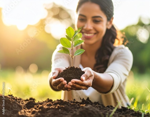Young Person Planting Tree Outdoors, Eco-Friendly Concept with Sunshine and Community