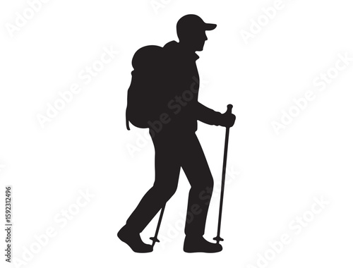 Icon silhouette of a trekking man with cap and poles, vector style on white background
