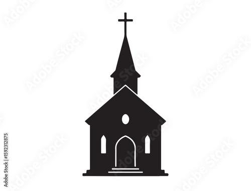 Icon-style silhouette of a country church with a single steeple and cross, black on white