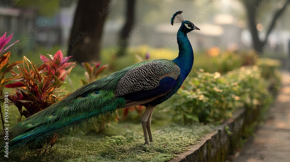 Fototapeta premium Majestic peacock in a garden setting